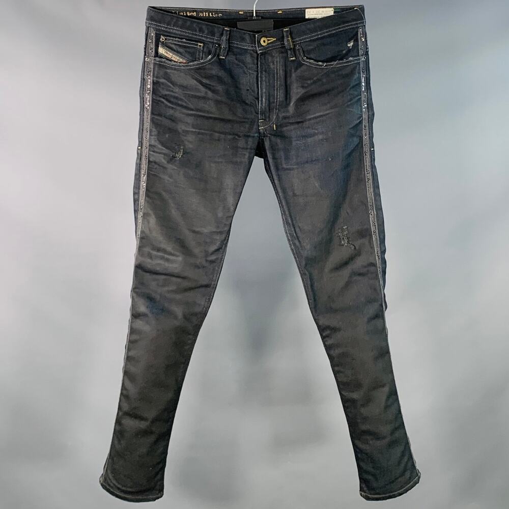 DIESEL Shioner Indigo Cotton Twill Sequined Distressed Skinny Jeans